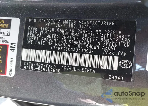 2010 Toyota Camry Xle from USA, damaged, VIN 4T1BF3EK3AU110937